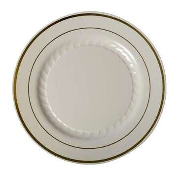 FINE LINE SETTINGS INC. Plate, 9", Ivory / Gold Trim, Plastic, Fine Line 509-BO